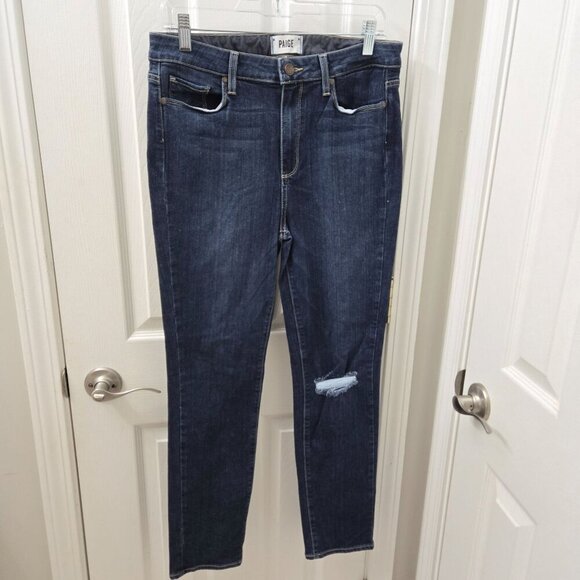 Paige‎ Hoxton Crop Rollup Womens Jeans Size 31 Dark Wash Distressed High Waist - Picture 1 of 11